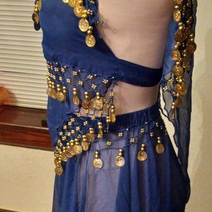 Belly Dancing Outfit Beaded and Coins Blue Bra, scarf & Skirt 3 Piece Set